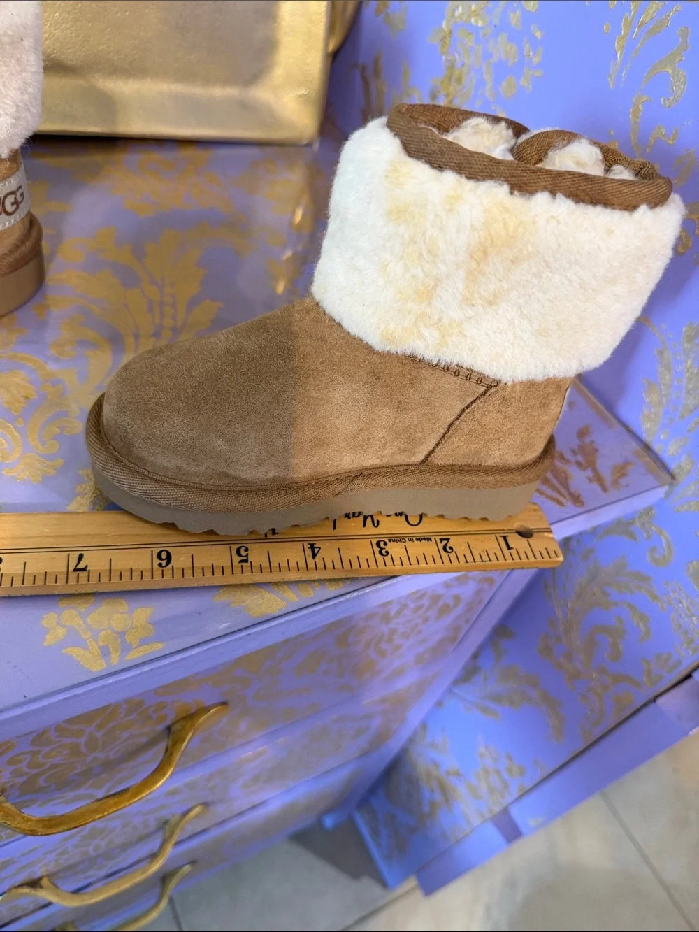 UGG Chestnut Suede Shearling Cuff Kids Slippers